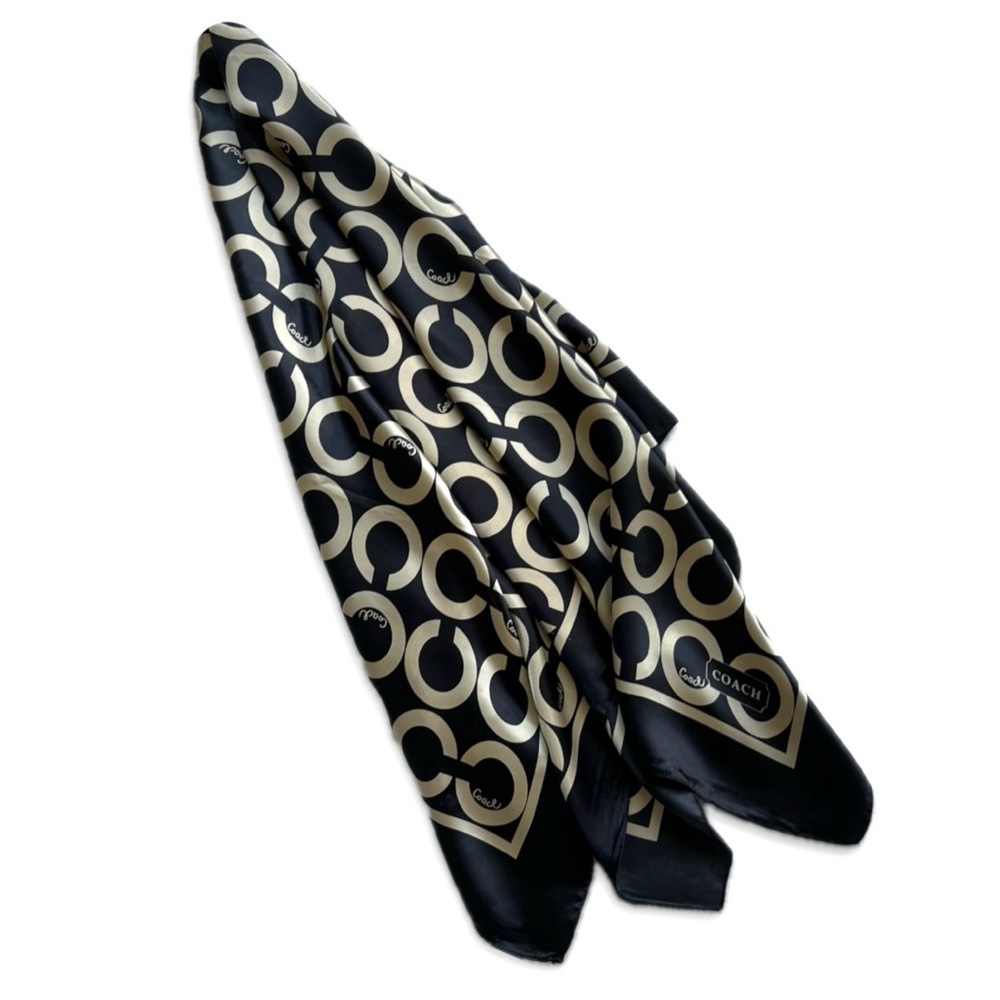 Coach Silk Scarf Black/Champagne Gold Op Art Signature C Monogram - Picture 7 of 11